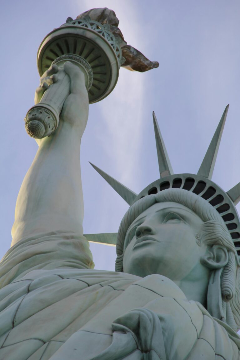 Capture of the iconic Statue of Liberty torch and face against a clear sky.
